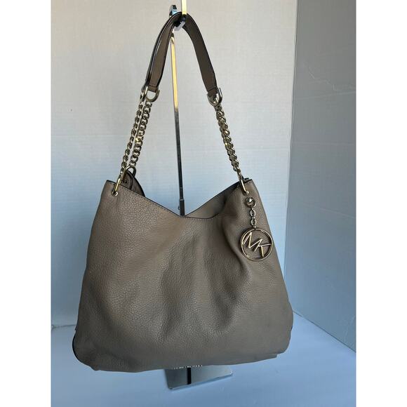 MICHAEL Michael Kors Lillie Pebble Leather Taupe Chain Large ShoulderBag Purse - Picture 1 of 15